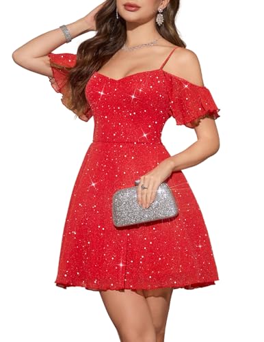 Image of Meetjen Women's Short Cocktail Dresses for Teens Formal Homecoming Sparkly Off Shoulder Tulle Sequin Prom Party Dress