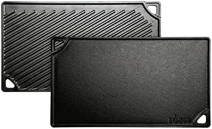 Lodge Reversible Cast Iron Grill/Griddle – 9.5 x 16.75 Inch Pre-Seasoned Cooking Surface – Flat & Ribbed Sides – Use on Stove, Grill, or Campfire – Made in the USA – Heavy-Duty, Black
