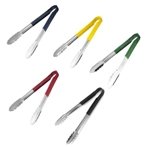 Chabrias Ltd 5-Colour Set 12 Utility Kitchen Tongs Stainless Steel Non-Slip Vinyl Grip Dishwasher Safe Colour-Coded Cooking & Serving Tongs (Black Blue Green Yellow Red 12 inch / 30 cm)