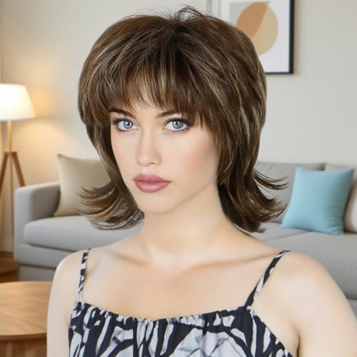 Creamily Mullet Wig Shaggy Layered Fluffy Brown Mixed Blonde Curly