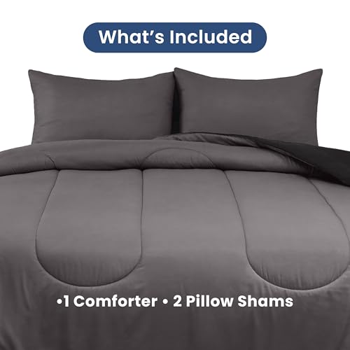 Image of Martex 3-Piece Reversible Comforter Set, Full /Queen, Graphite /Ebony | Versatile Room Decor, Lightweight, Durable Bedding, Machine Washable, Super Soft