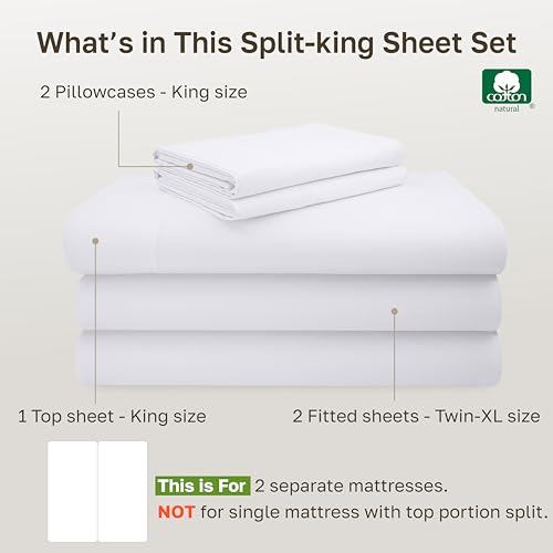 Image of California Design Den Split King Sheet Set - 100% Cotton, 600 Thread Count, Breathable Luxury King Size Sheets for Adjustable Bed, Luxury Soft Hotel-Quality, Sateen Weave - Bright White