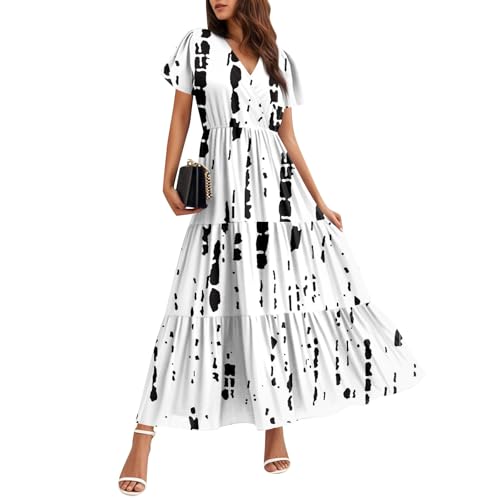 Cotton Maxi Dresses for Women 2025 Extra Long Dresses for Tall Women Flutter Sleeve Vintage Floral Flowy Dress Vestido Largo De Verano para Mujer Comfortable Aline Petite Travel Outfits a White,XXL