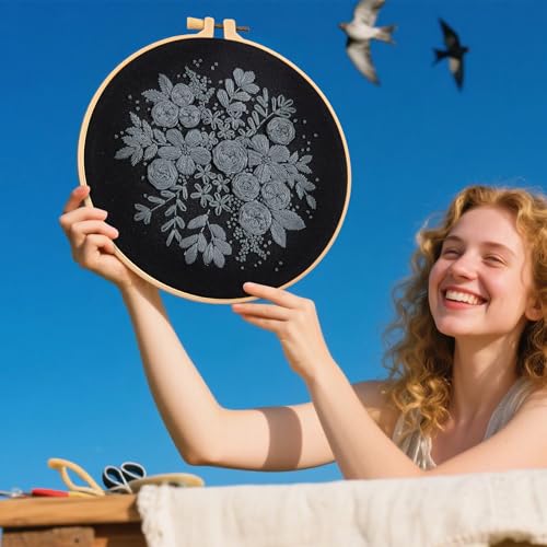 Image of Crafmanoe Embroidery Kits for Beginners Adults, Black Flowers Embroidery Starter Kits, Counted Cross Stitch Kits for Beginners Adults Hobbies Set for Women, Embroidery Hoops, Thread and Video Tutorial