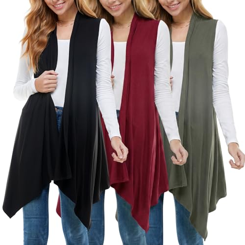 Image of Azules Sleeveless Cardigan for Women, Soft Lightweight Duster Open Front Sleeveless Long Cardigan Vest (3 Pack)