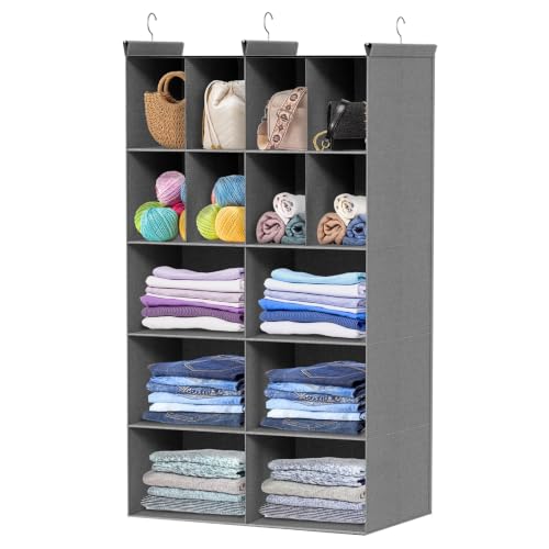 5 Tier Hanging Closet Organizer, 14 Compartments Dual Row Storage, Grey