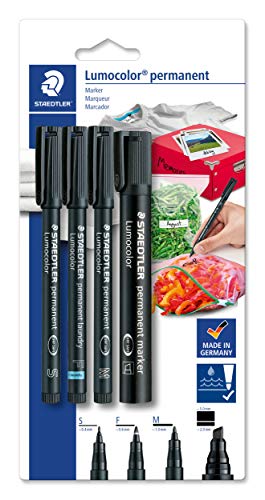 STAEDTLER permanent Marker Set Lumocolor, Universalstift Linienbreite S und M, Wäschemarker, Marker Keilspitze, wasserfest auf fast allen Flächen, 4 permanent Marker auf Blisterkarte, 60 BK-6