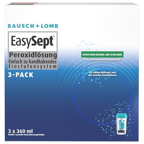 Bausch + Lomb EasySept Peroxidlösung - Kontaktlinsendesinfektions-Lösung für weiche Kontaktlinsen, Einstufen-Peroxidsystem mit Behälter, 3er Pack, 3 x 360 ml