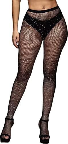 HIMAYAS Women�s Sexy Sparkle Rhinestone Footless Fishnet Leggings High Waist (Waist 26-32) Black Pack of 1-image-36