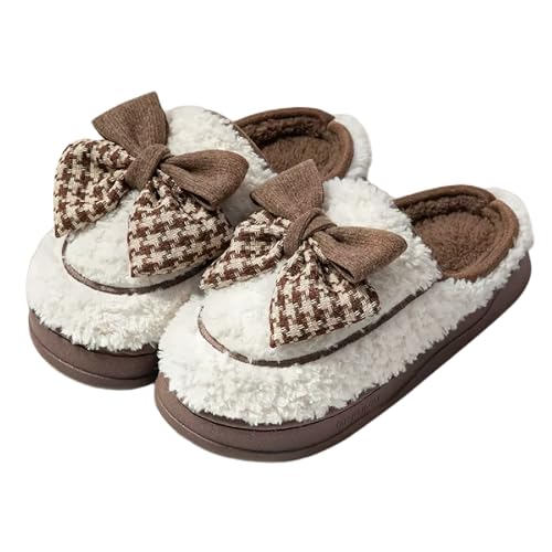 Women's Houndstooth Bowknot Plush Slippers for Winter, Fuzzy Platform Home Shoes Indoor Outdoor