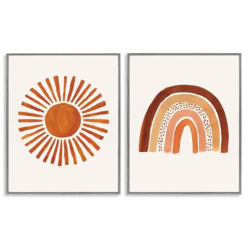 'Orange Sun Patterned Rainbow Boho'| 2pc Framed Giclee Art Set 2