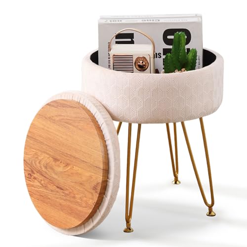 Cpintltr Footrest Footstools Round Velvet Ottoman with Storage Space Soft Vanity Chair with Memory Foam Seat Small Side Table Hallway Step Stool 4 Gold Metal Legs with Adjustable Footings Champagne