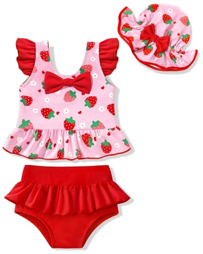 HONGTEYA Baby Girl Swimsuit Toddler Bathing Suit Girl Summer Beach Bikini UPF 50+ Sun Protection Easy Dry Size 3M-5t (US Age 12 Months 18 Months Strawberry)