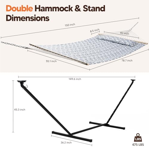 Image of SUNCREAT Hammocks Outdoor 2 Person Hammock with Solar Powered Lights, Double Hammock with 12 ft Stand Included, Light Gray