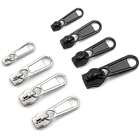 Mecmbj 32 Pieces Zipper Slider Replacement, Metal Fix Zip Puller Zipper Pull Replacement Zip Fastener Repair Kit for Clothes Jacket Coat Backpack Instant Fixing DIY Crafts (4 Sizes, Black and Silver) Cover