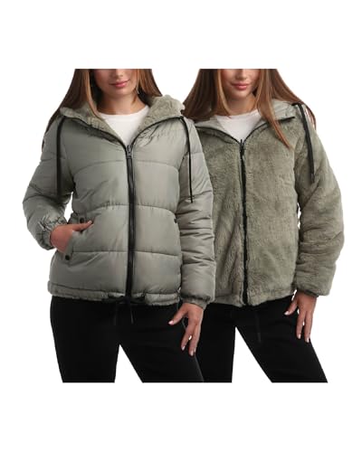 Image of Steve Madden Womens Winter Jacket - Heavyweight Reversible Quilted Parka Puffer Coat Faux Fur Lined Jackets for Women, Size Large, SAGE GREEN