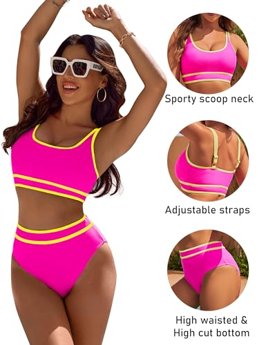 Image of BMJL Women's High Waisted Bikini Sets Sporty Two Piece Swimsuits Color Block Tummy Control Modest Bathing Suit
