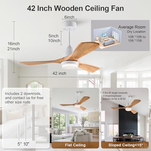 Image of 42 Inch Outdoor Ceiling Fans with Lights and Remote Control, Dimmable Outdoor Ceiling Fans for Patios 3 Blade Wood White Natural Wood Bedroom Ceiling Fan with Light, Wall Switch