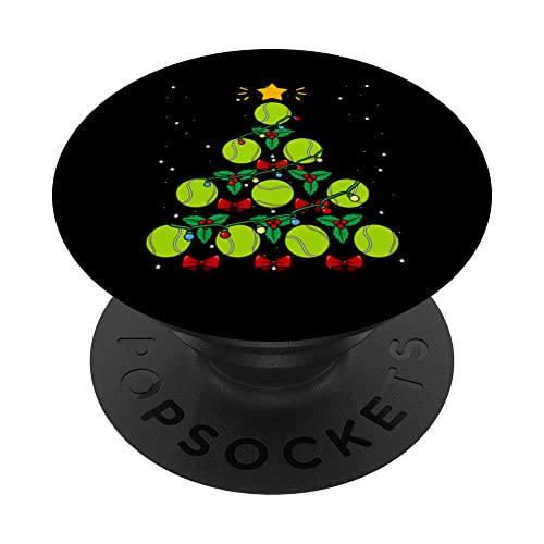 Tennis Ball Christmas Tree Racket Game Sport Nativity Xmas PopSockets Swappable PopGrip, Black