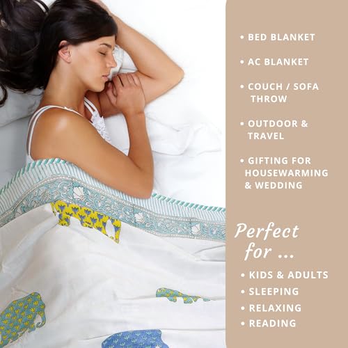 Image of TOAIArt Premium Jaipuri Dohar | AC Blanket Summer Quilt | Hand Block Printed | 3 Layers | Reversible | 150GSM 100% Mulmul Cotton | 100% Cotton Flannel Filling | Queen 90 inch X 108 inch |Multicolor Elephant
