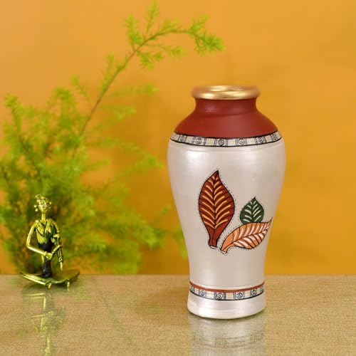 Image of Aakriti Art Creations Silver Bloom Earthen Vase Handpainted in Floral Art | Multicolor Terracotta Flower Vase | Matte Finish Decorative Vase for Living Room, Table & Floor Decor