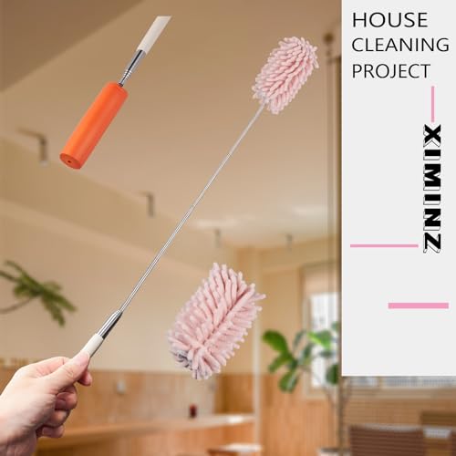 Image of Pink Retractable Microfiber Duster for Cleaning Extendable Washable Hand Duster Feather Duster Cleaning Tool for Cleaning Office, Car, Window, Computer, Air Condition
