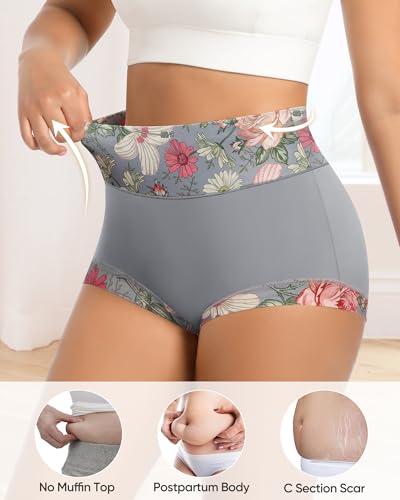 Women's Underwear Mid Waisted Panties Breathable Full Coverage Printed Comfortable ladies Floral 4 Pack S-XXL4