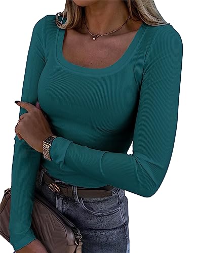 Image of Roselux Womens Long Sleeve Scoop Neck Ribbed Knit Fitted Casual Tops Tee Slim Basic Shirts