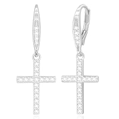 Silver-CZ Cross Leverback Earring