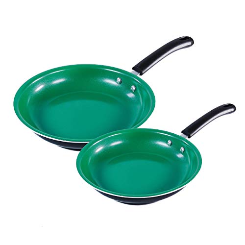 Chef's Star Ceramic Nonstick Frying Pan Set, Scratch-resistant, Induction Compatible, Dishwasher Safe, 10 inch and 8 inch Green Pan with Black Handle