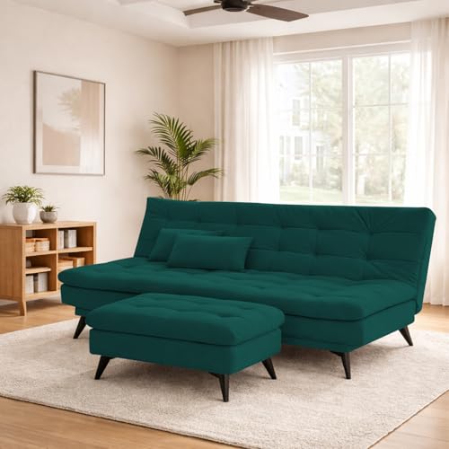 Image of Krancy Solid Wood 3 Seater Sofa Cum Bed with Ottomon | Convertible Wooden Couch for Living Room, Home & Office | Modern Designer Furniture | 1 Year Warranty | Pine Color