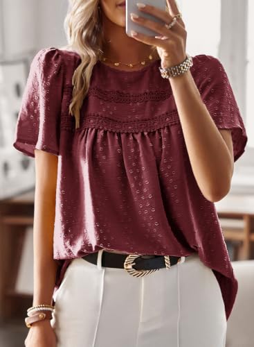 Image of Falechay Womens Summer Tops Flowy Boho Shirts Dressy Casual Short Sleeve | Crewneck Loose Fit Blouses, Hide Belly Fat, Lace Hem Ladies Tunic, Babydoll Crochet Clothes, Swiss Dot, Work, Vintage, XS-6XL
