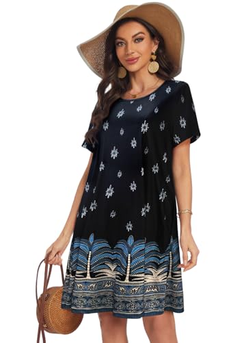 Image of My Sky Summer Dresses for Women 2026 Casual Short Sleeves Tshirt Flowy Beach Plus Size Sundress with Pockets