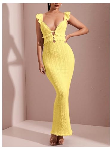 Image of SOLY HUX Women's Maxi Dress Crochet Ruffle Sleeveless Backless Bodycon Long Dresses