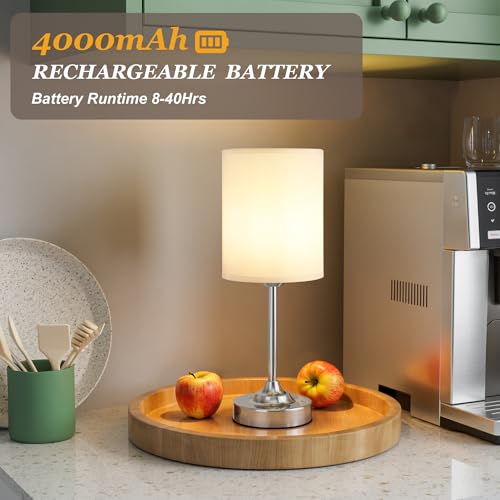 Image of Touch Control Cordlss Table Lamp, USB-C Rechargeable Lamp with Stepless Dimming, 4000mAh Battery Operated Bedside Lamp for Bedroom, Living Room, Night Light & Emergency Lighting, Silver, 1 Pack