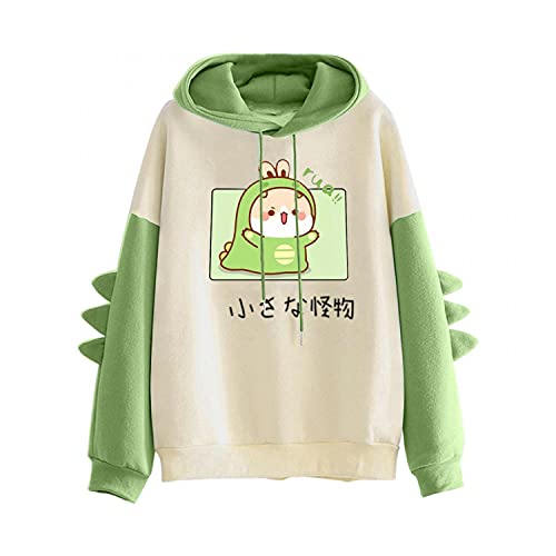 Chaconka Femme Fille Sweat à Capuche Kawaii Mignon Sweat-Shirts Manches Longues Amples Couture Dinosaure pour Adolescentes Top Sweatshirt Pull Chaud Hiver Femme Tunique Haut Casual Automne Cover