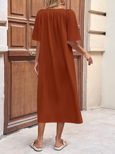Image of Wenrine Womens Flutter Short Sleeve Maxi Dress Casual V Neck Side Slit Pleated Loose Flowy Summer Dresses