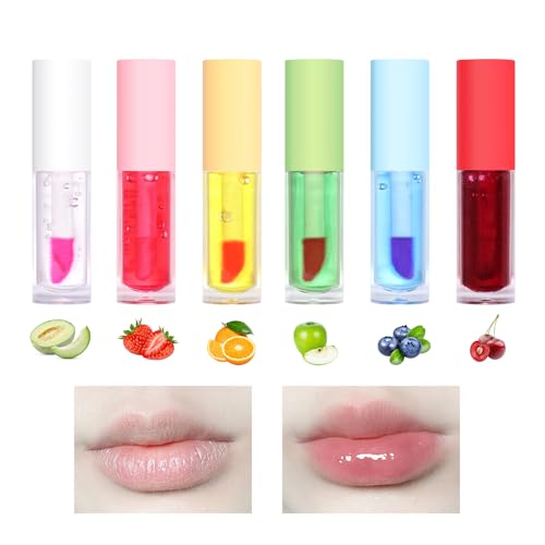 6 Piezas Brillo de Labios con Sabor a Frutas, Aceite de Labios con Sabor a Frutas, Lip Gloss Teñido Transparente Sabor a Fruta, Brillo de Labios que Cambia de Color con la Temperatura