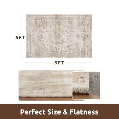 AMOAMI-Area Rug 6X9 Rugs for Living Room-Vintage Soft Beige Rugs for Bedroom-Non Slip Carpet-Machine Washable Rug for Dining Room Living Room Bedroom Office Under Table