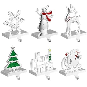 Christmas Stocking Holders for Mantle Set of 6, Stockings Hangers Snowflake Snowman Tree Deer Reindeer Heavy Weighted Hooks for Mantel Fireplace Windows Indoor Decorations Silver Christmas Stocking Holders for Mantle Set of 6 Stockings Hangers Snowflake Snowman Tree Deer Reindeer Heavy Weighted Hooks for Mantel Fireplace Windows Indoor Decorations Silver