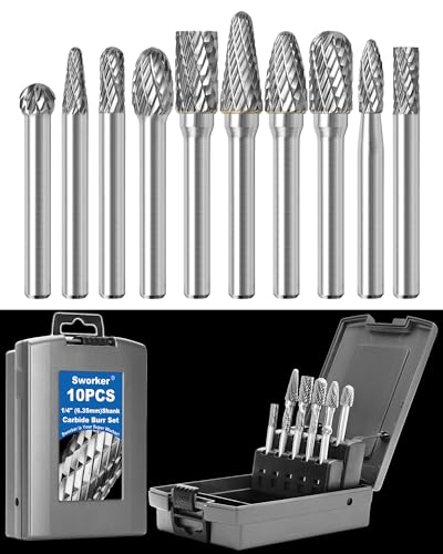Sworker 10Pcs Carbide Burr Set 1/4 Shank w/Grey Box Max Head Dia 10mm Die Grinder Bits Rotary Tools Attachment Kit Rasp Accessories Metal Wood Stone Steel Grinding Deburring Cutting Porting Carving
