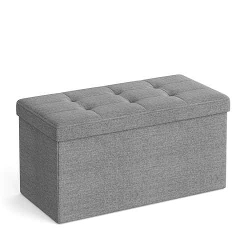 SONGMICS Banc de Rangement Pliable de 76 cm, Coffre de Rangement, Tabouret Repose-Pieds, Pouf de Chambre, Gris Clair LSF47G