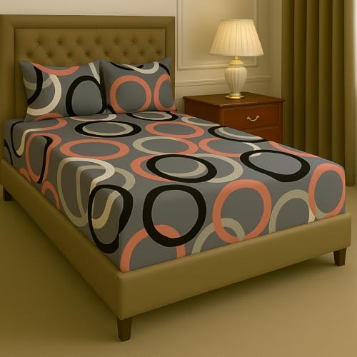 Image of Premium Cotton Fitted Bedsheets with 2 Pillow Covers for King Bed | 200-220 TC | Size 78x72+8 Inches | The Home Style Grey and Pink | Soft, Durable, All-Around Elastic Luxury Collections