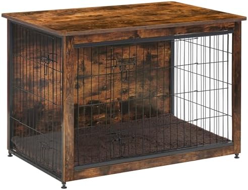 DWANTON Dog Crate Furniture with Cushion, Wooden Dog Crate Table, Double Doors Dog Furniture, Indoor Dog Kennel, Dog House, Dog Cage Large, 38.5" L, Rustic Brown
