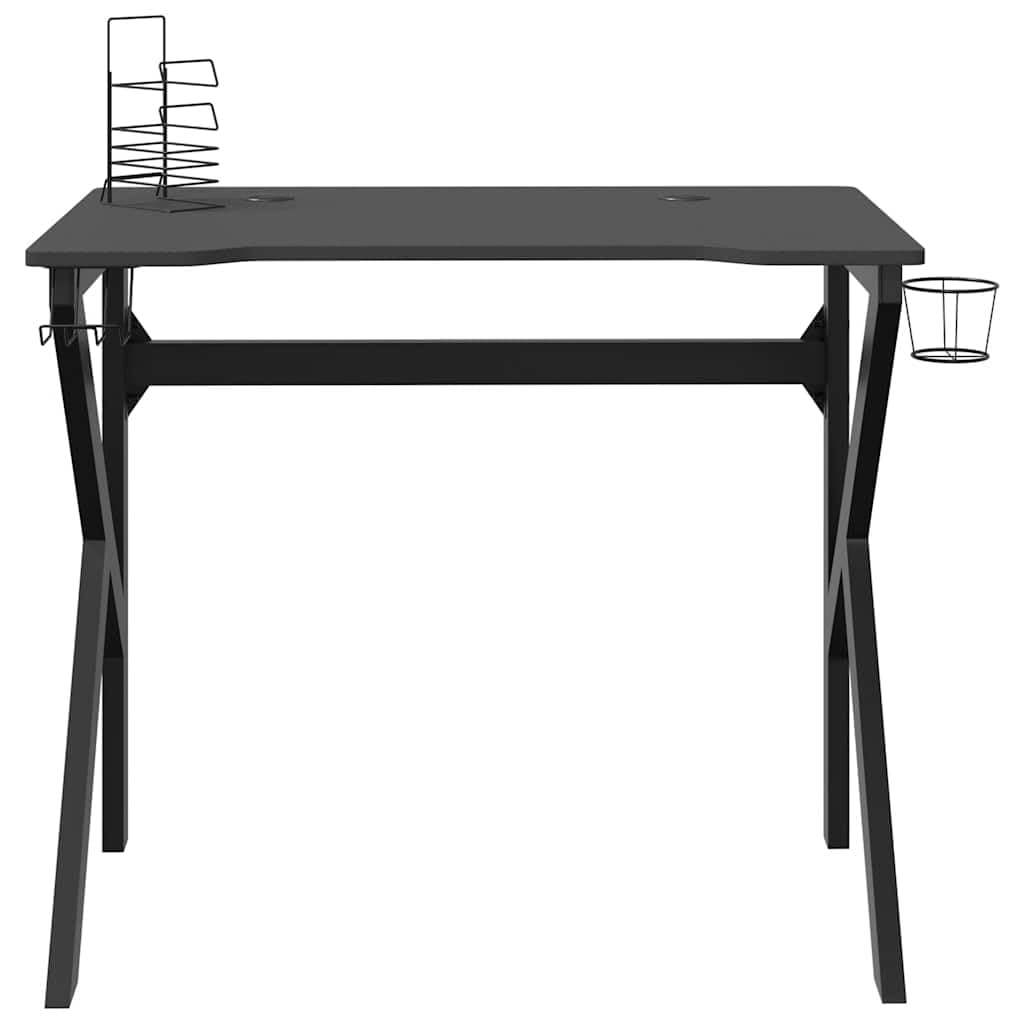 Scrivania da gioco con rack K nero, 90 x 60 x 75 cm, robusto tavolo da gioco ergonomico con supporto per bicchieri, materiale in legno e ferro