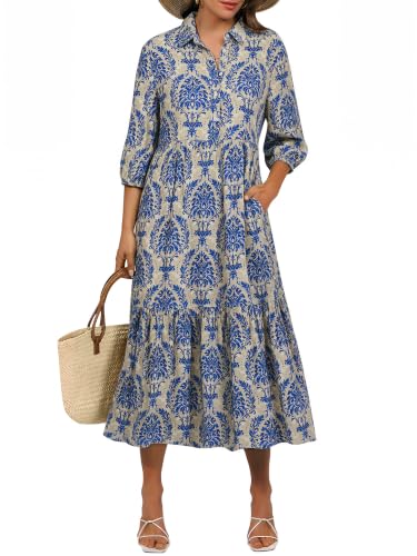 ANRABESS Women 3/4 Puff Sleeve Polo Neck Floral Maxi Dress Blue Khaki S