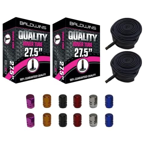 PAIR 27.5" Bike Inner Tubes 27.5" x 1.75 to 2.125 (Fits any 1.75, 1.85, 1.90, 1.95, 2.0, 2.10, 2.125 Tyres) SCHRADER/CAR TYPE VALVES + PACK OF 12 BALDWINS COLOURED ALLOY DUST CAPS Cover