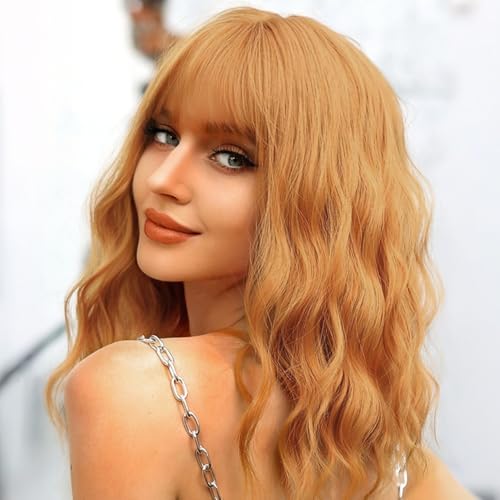 Ucubb Short Bob Wavy Wig with Bangs for Women Loose Curly Wig Look natural