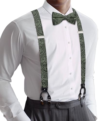 Image of YOHOWA Men Suspenders 6 Clips Strength Adjustable Y Braces Pre-Tied Bow Tie Set Formal Wedding Party