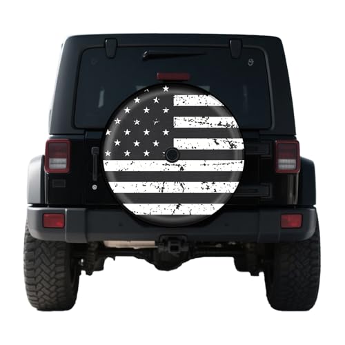 Black White Vintage American Flag Spare Tire Cover with Camera Hole for PVC Wrangler Tire Cover with Backup Camera Hole SUV RV Trailer Many Vehicle Wheel Cover (17 Inch for Diameter 82-83)